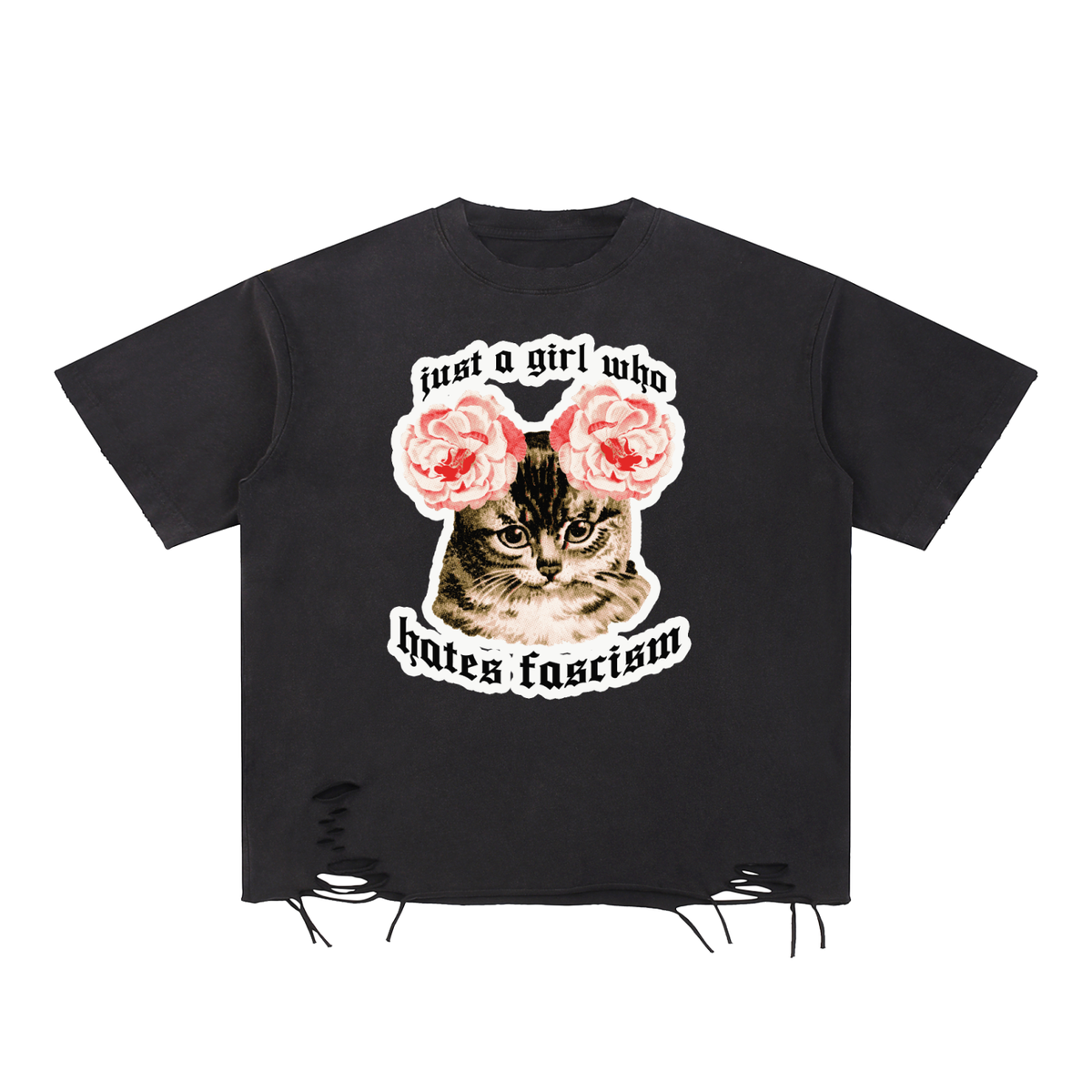 Kitties Hate Fascism Snow Washed Oversized Cotton T-Shirt