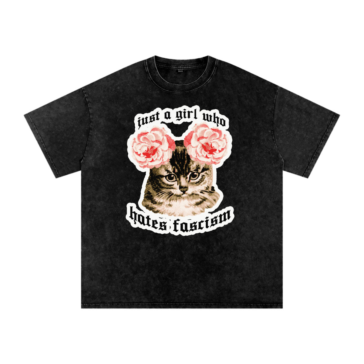 Kitties Hate Fascism Snow Washed Oversized Cotton T-Shirt