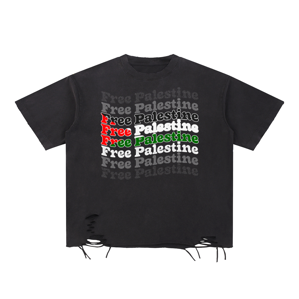 Free Palestine Flag Snow Washed Raw-Hem T-Shirt