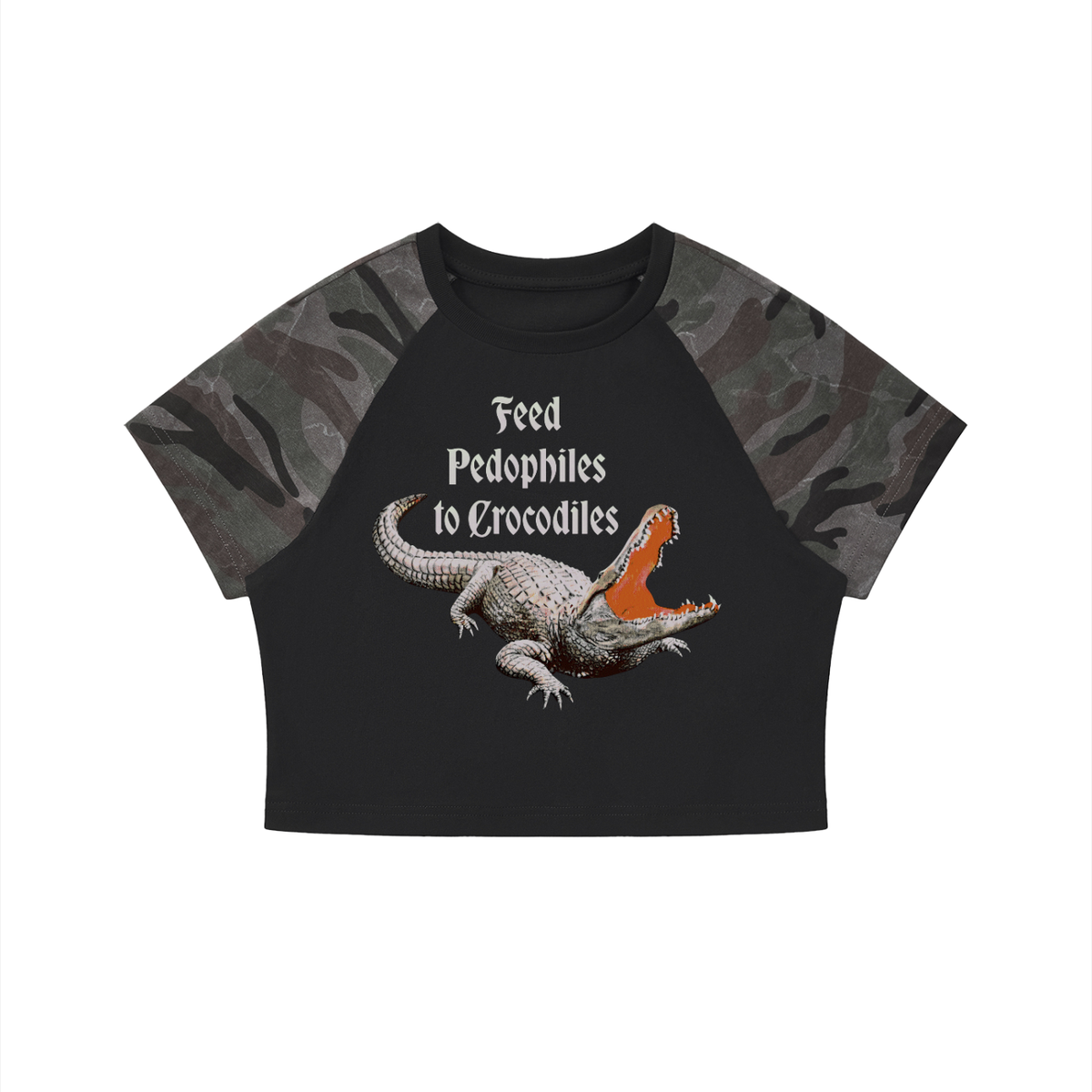 Feed Pedophiles to Crocodiles Women's Mineral Wash Cotton Crop T-Shirt