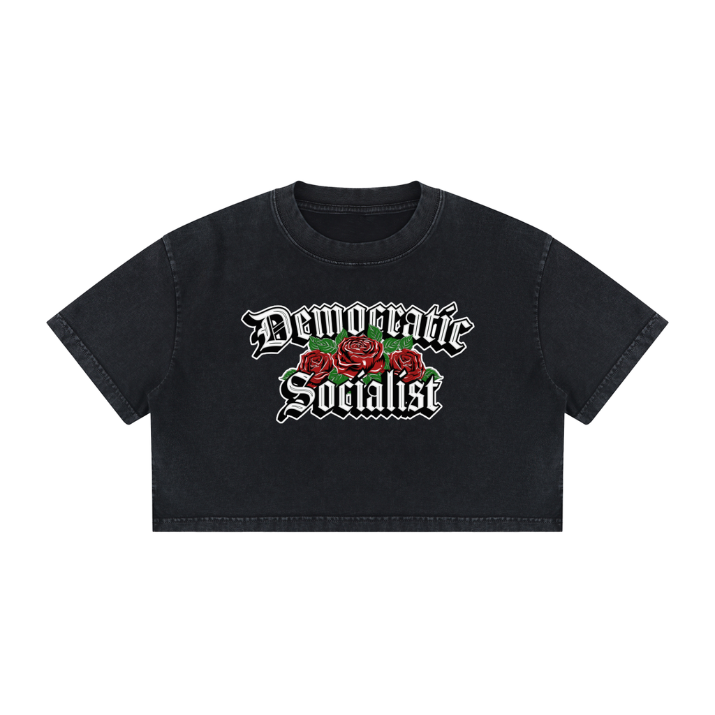 Democratic Socialist Roses Women's Mineral Wash Cotton Crop T-Shirt